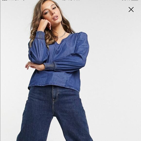 JDY evelyn long sleeve woven smock top in medium blue denim - US 2 - Picture 1 of 11